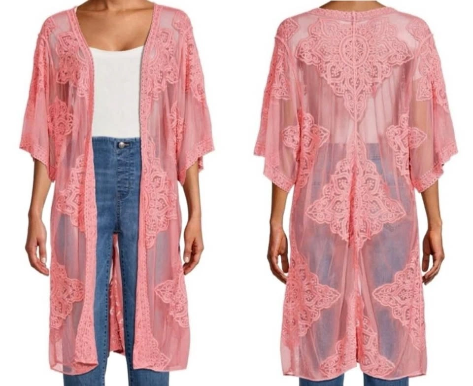 Semi-Sheer Pink Embroidered Kimono Cover-Up Duster Size L/XL
