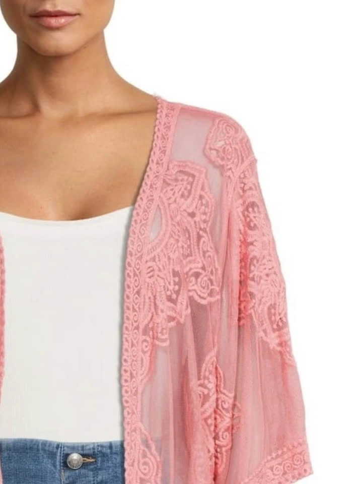 Semi-Sheer Pink Embroidered Kimono Cover-Up Duster Size L/XL - photo 2