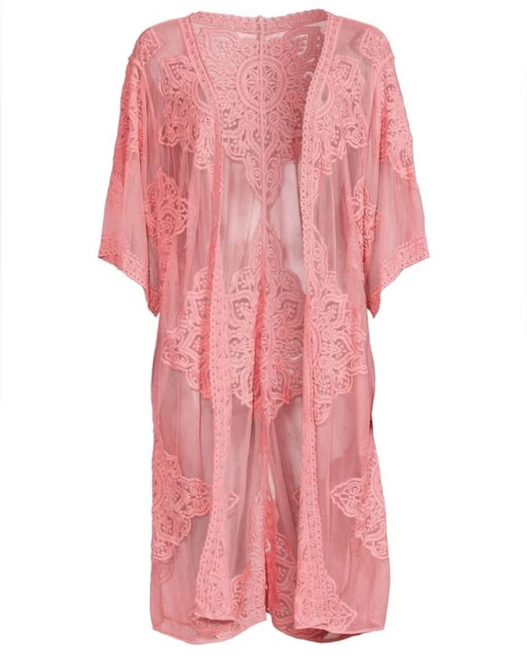 Semi-Sheer Pink Embroidered Kimono Cover-Up Duster Size L/XL - photo 3