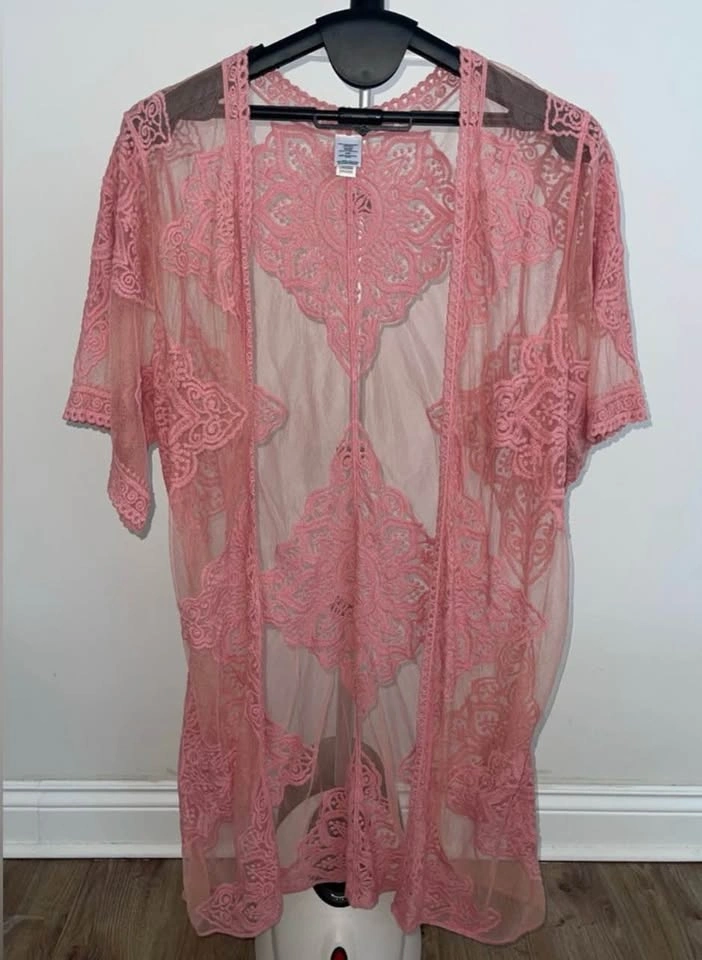 Semi-Sheer Pink Embroidered Kimono Cover-Up Duster Size L/XL - photo 4