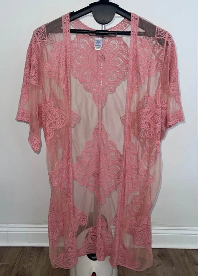Semi-Sheer Pink Embroidered Kimono Cover-Up Duster Size L/XL - photo 5