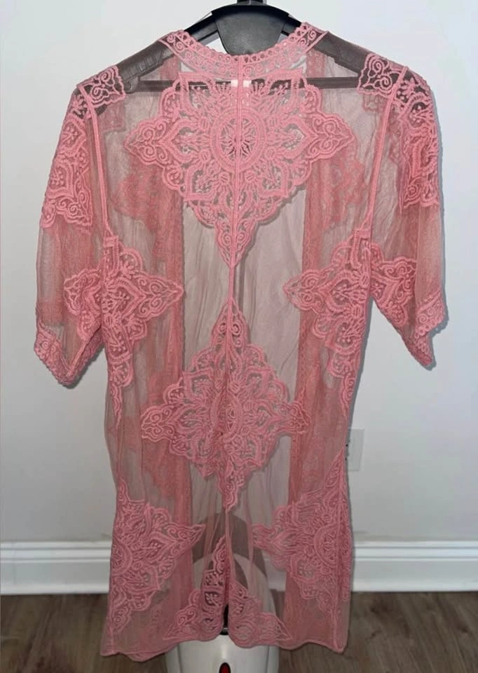 Semi-Sheer Pink Embroidered Kimono Cover-Up Duster Size L/XL - photo 4