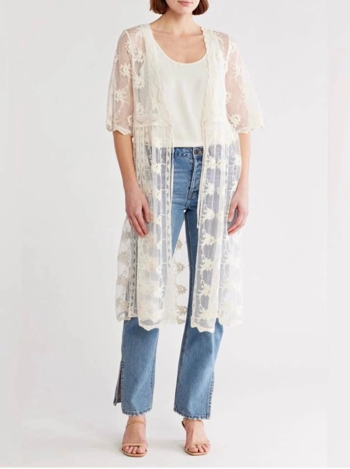 White Floral Embroidered Kimono Cover-Up Duster Size L/XL