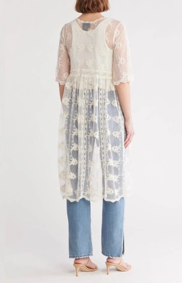 White Floral Embroidered Kimono Cover-Up Duster Size L/XL - photo 2