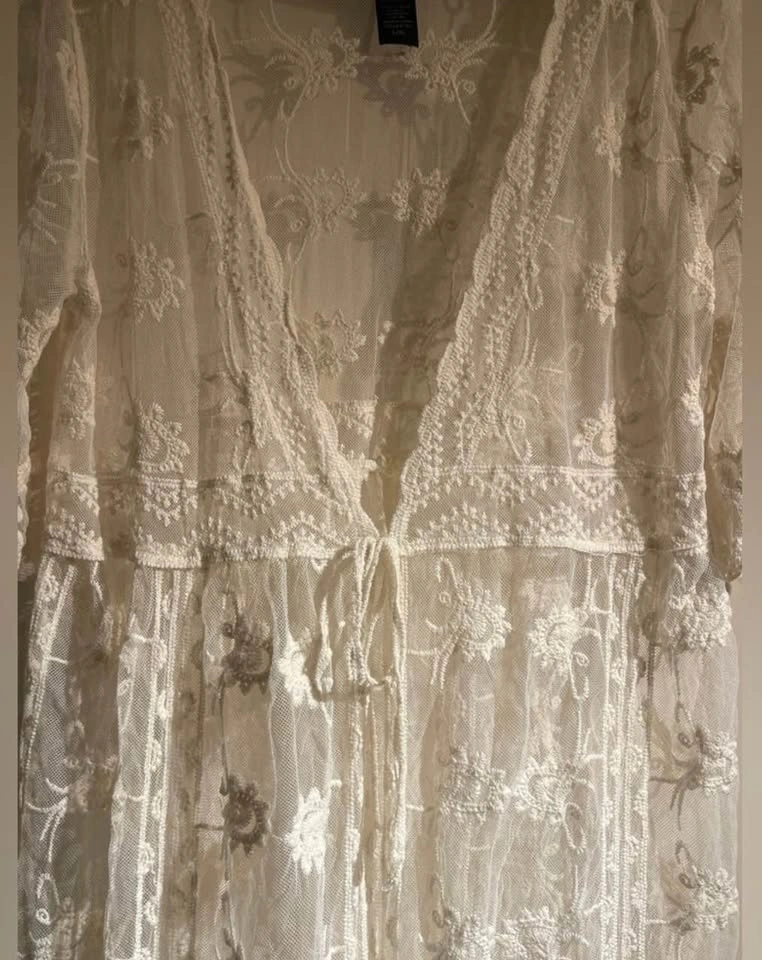 White Floral Embroidered Kimono Cover-Up Duster Size L/XL - photo 4
