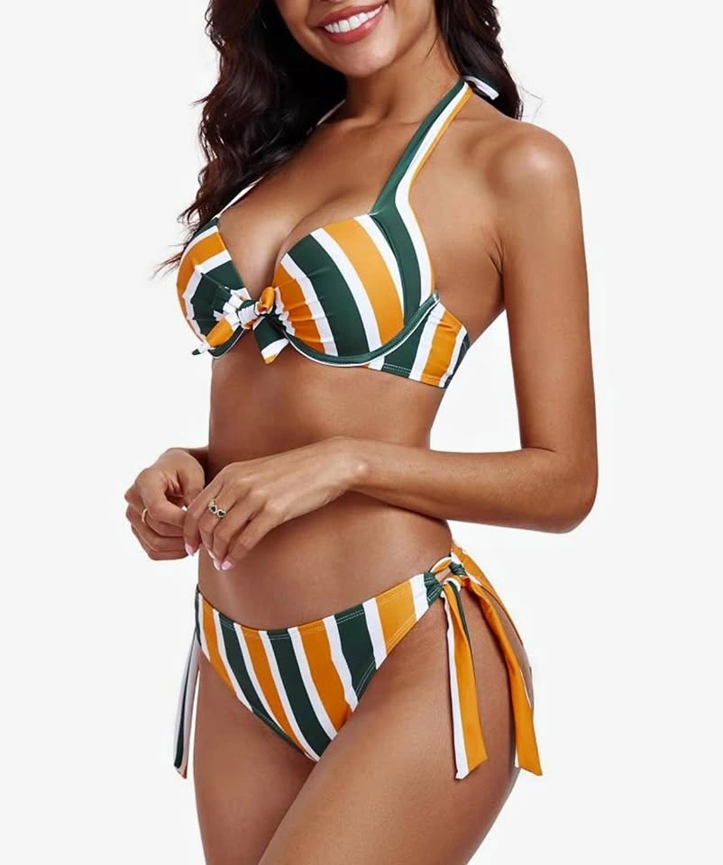 Relleciga Striped XL Push Up Bikini Set - Green/Orange/White