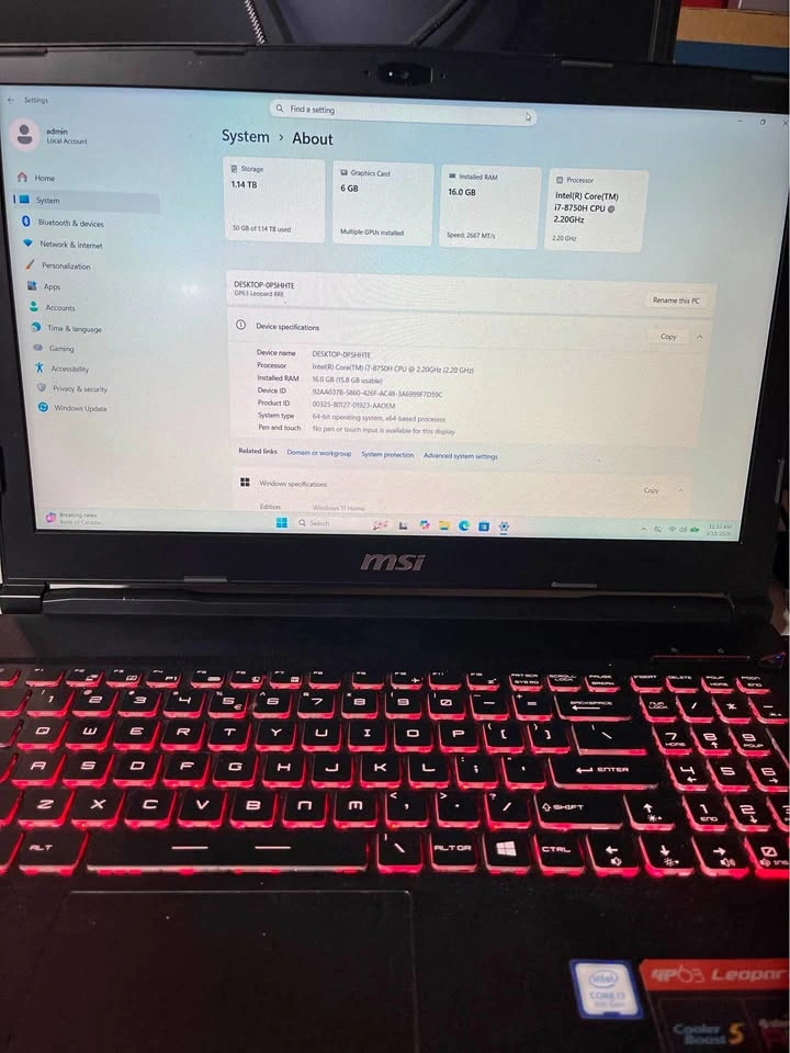 MSI GP63 Leopard 8RE Gaming Laptop i7 16GB RAM 1TB SSD GTX 1060