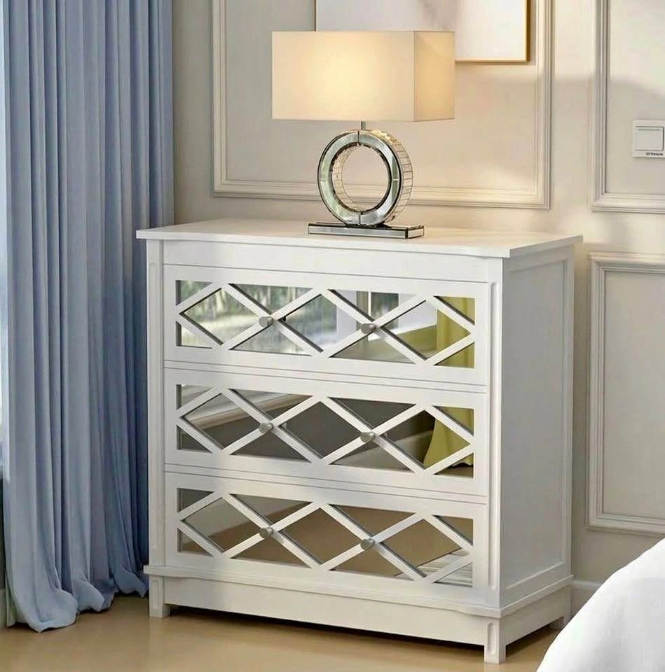 Table Lamp with Round Mirror Glass Base + 3-Drawer Mirrored Dres