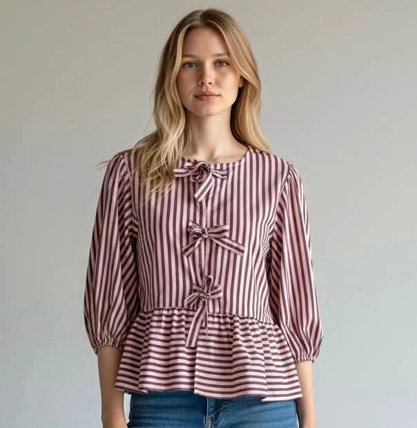 NEW Pink Striped Bow Front Large Peplum Blouse Puff Sleeve Top
