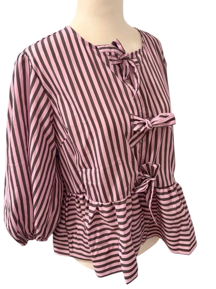 NEW Pink Striped Bow Front Large Peplum Blouse Puff Sleeve Top - photo 2