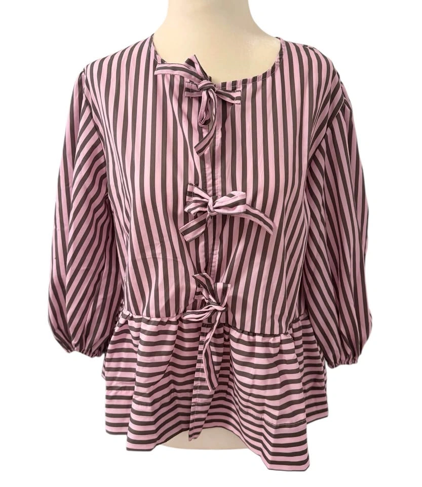 NEW Pink Striped Bow Front Large Peplum Blouse Puff Sleeve Top - photo 3