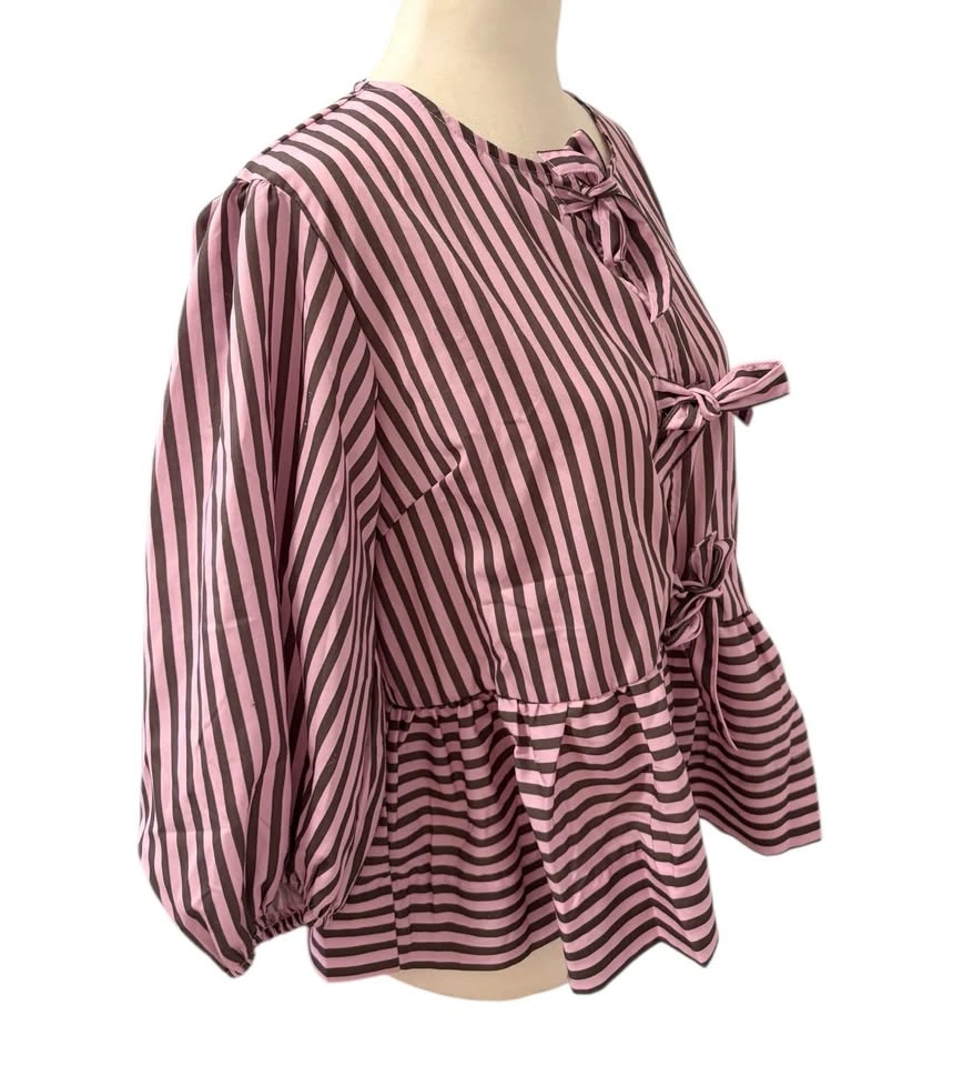 NEW Pink Striped Bow Front Large Peplum Blouse Puff Sleeve Top - photo 4