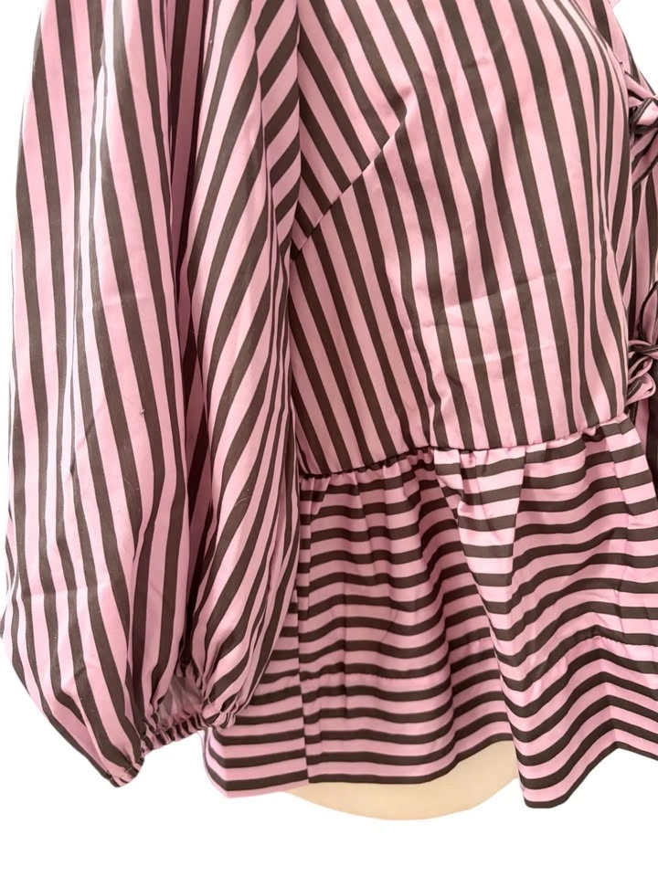 NEW Pink Striped Bow Front Large Peplum Blouse Puff Sleeve Top - photo 5