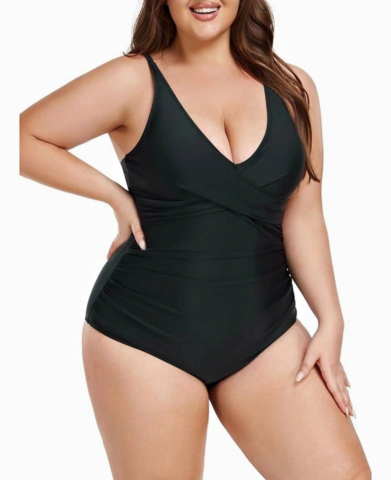 NEW Ocean Blues Black Plus Size XXL Ruched Wrap One Piece Swimsu