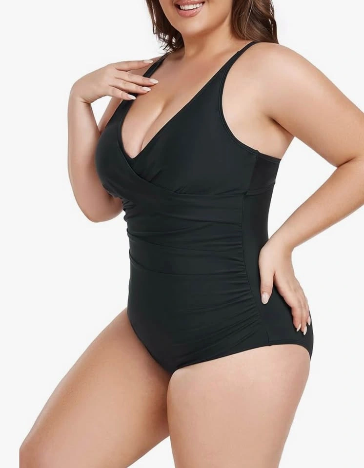 NEW Ocean Blues Black Plus Size XXL Ruched Wrap One Piece Swimsu - photo 3