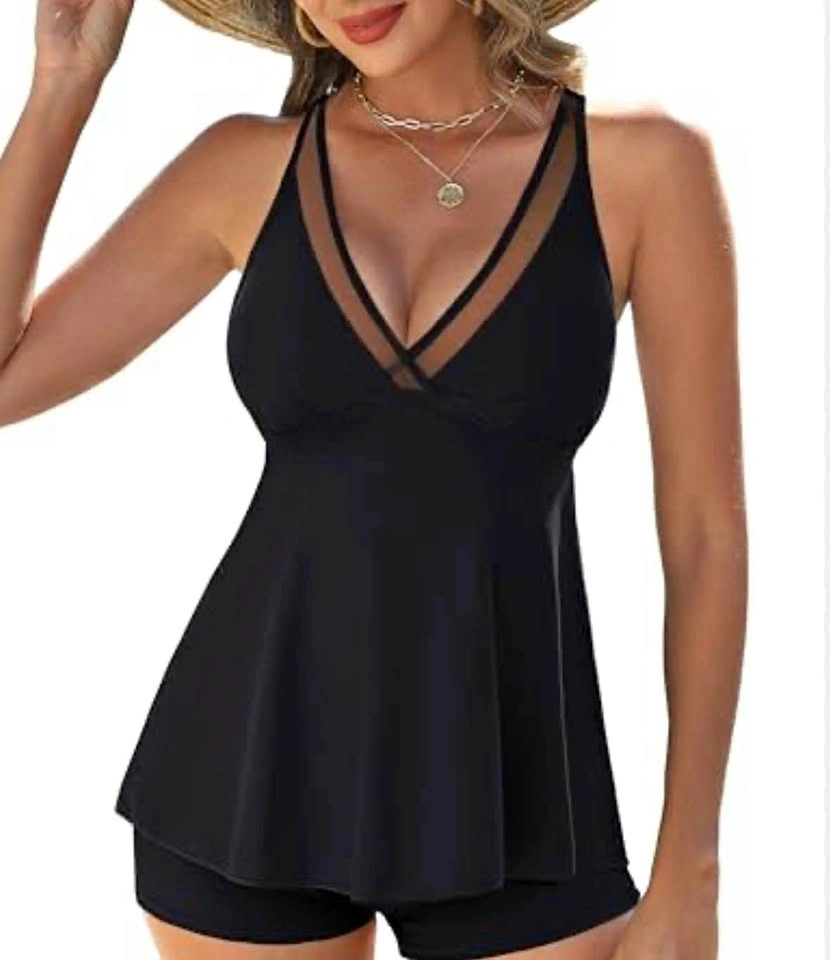 NEW Kate Kasin Black V-Neck Tankini Swim Top - Women's Small