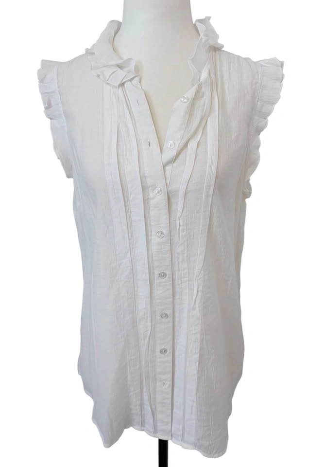 White Ruffle Sleeveless Button Down Pintuck Blouse - Size L - photo 2