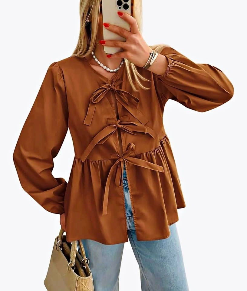 NEW Pretty Garden Large Brown Tie Front Peplum Blouse - Size L