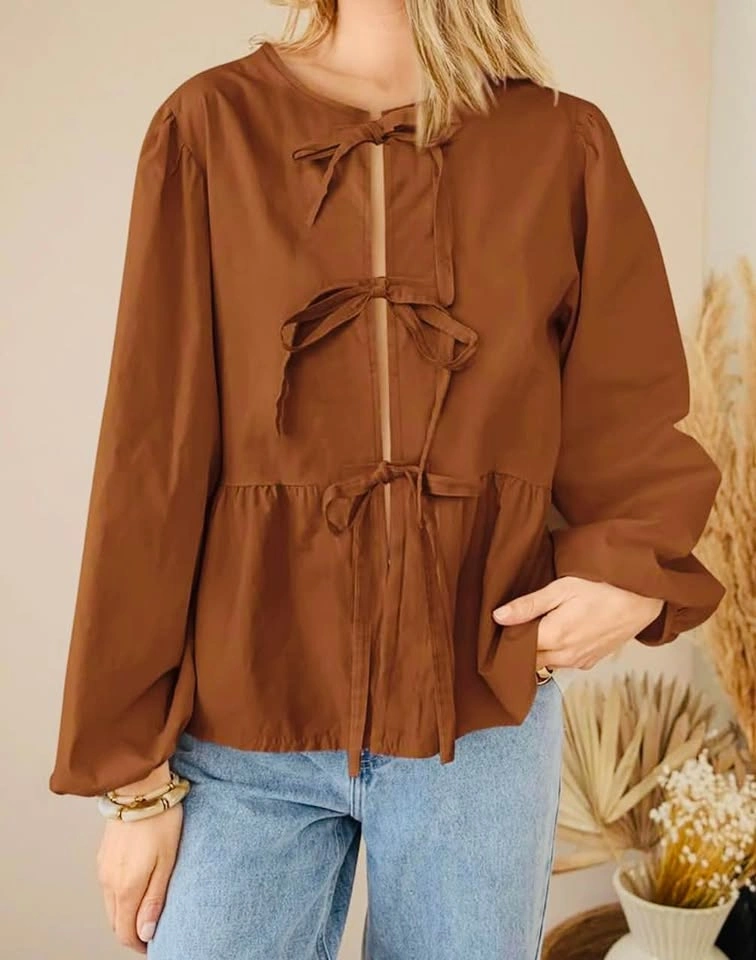 NEW Pretty Garden Large Brown Tie Front Peplum Blouse - Size L - photo 2