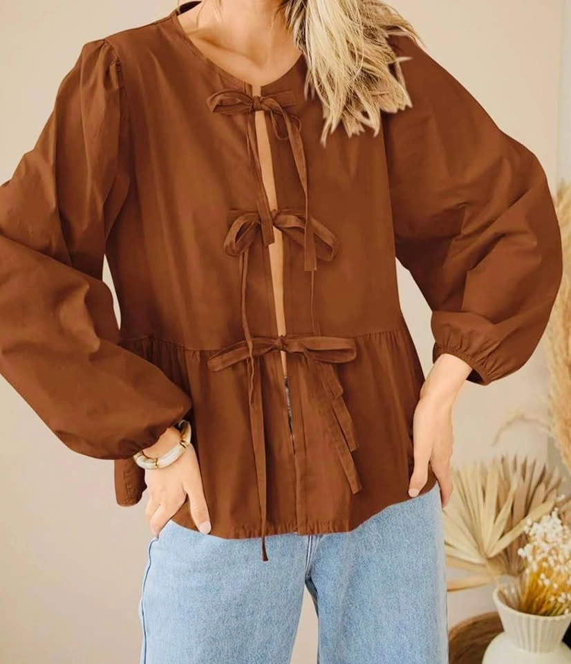 NEW Pretty Garden Large Brown Tie Front Peplum Blouse - Size L - photo 3