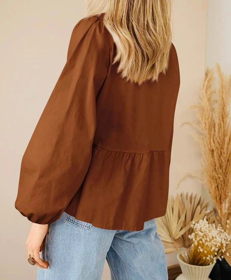 NEW Pretty Garden Large Brown Tie Front Peplum Blouse - Size L - photo 4