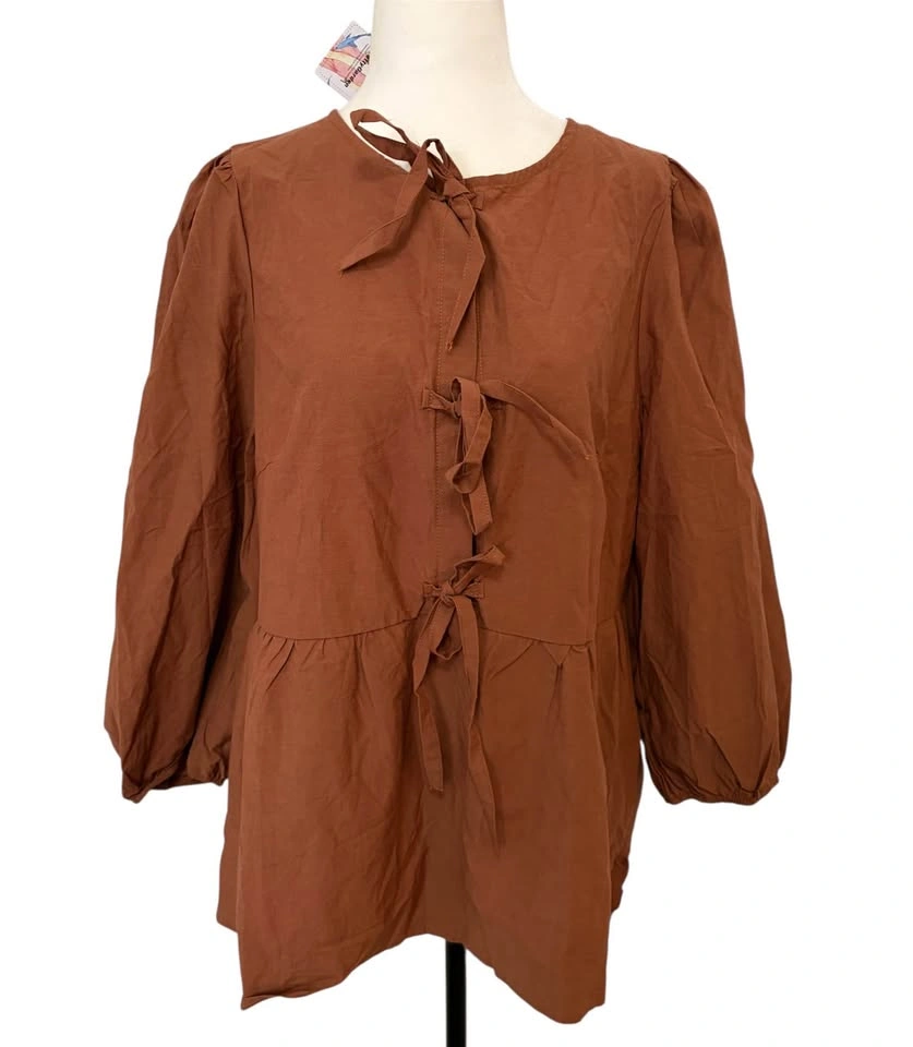 NEW Pretty Garden Large Brown Tie Front Peplum Blouse - Size L - photo 5
