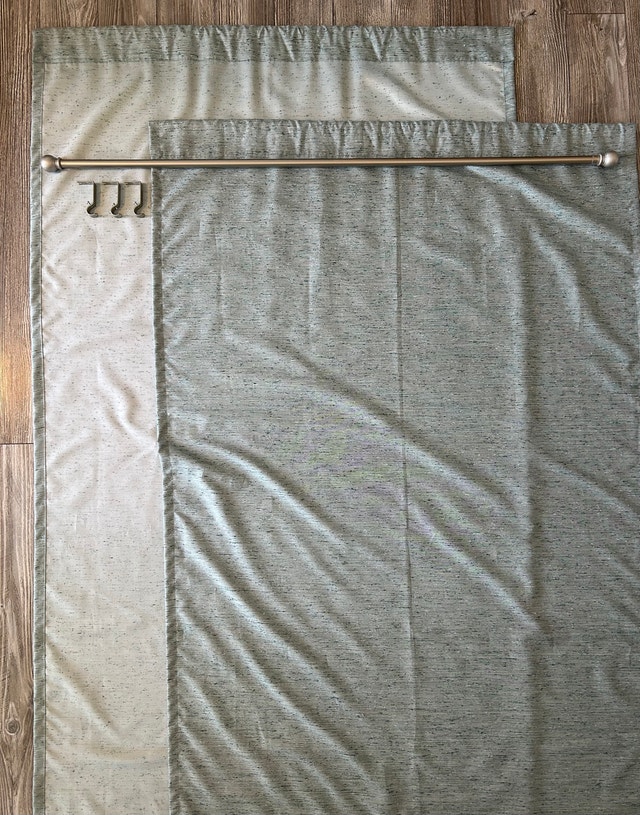 2 Light Teal Rod Pocket Curtain Panels w/ Rod & Brackets