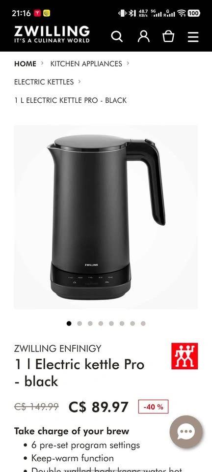 Zwilling Enfinigy Electric Kettle Pro 1.0L Black - photo 3