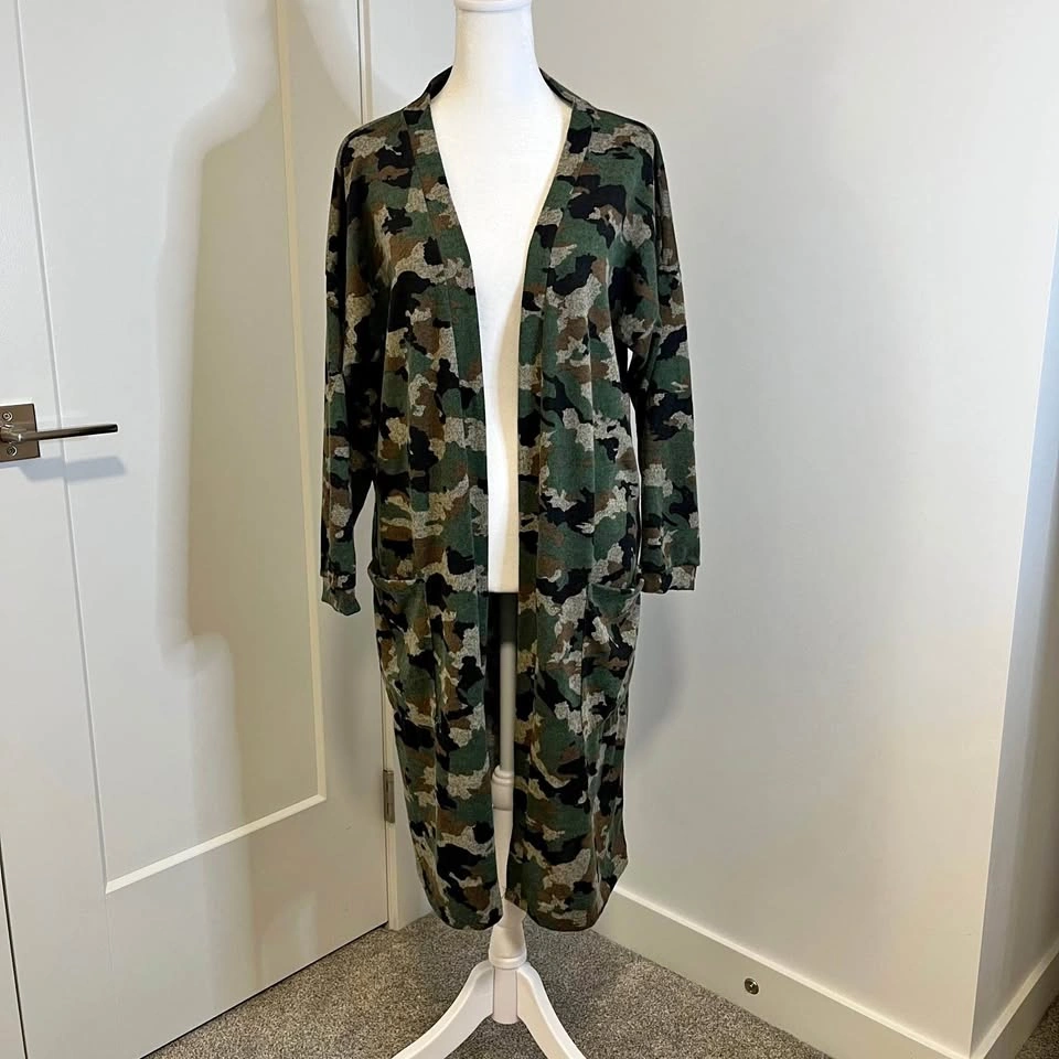EMERALD Long Camouflage Open Front Cardigan - Size M