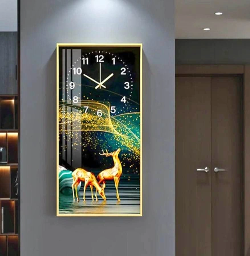 Wall art with clock, LED light, and frame