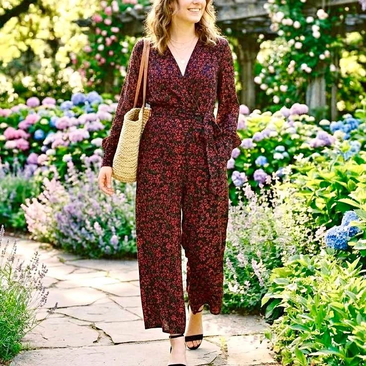 Dynamite Red Floral Long Sleeve Wrap Flowy Jumpsuit - Size M
