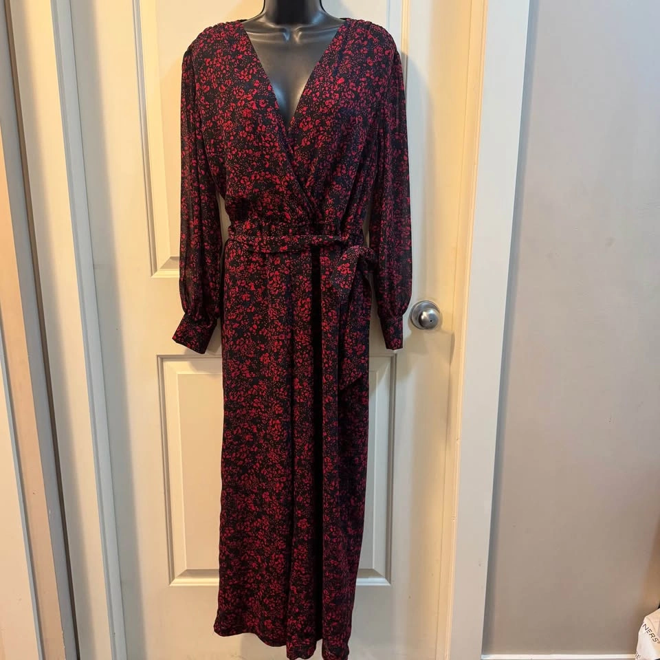 Dynamite Red Floral Long Sleeve Wrap Flowy Jumpsuit - Size M - photo 3