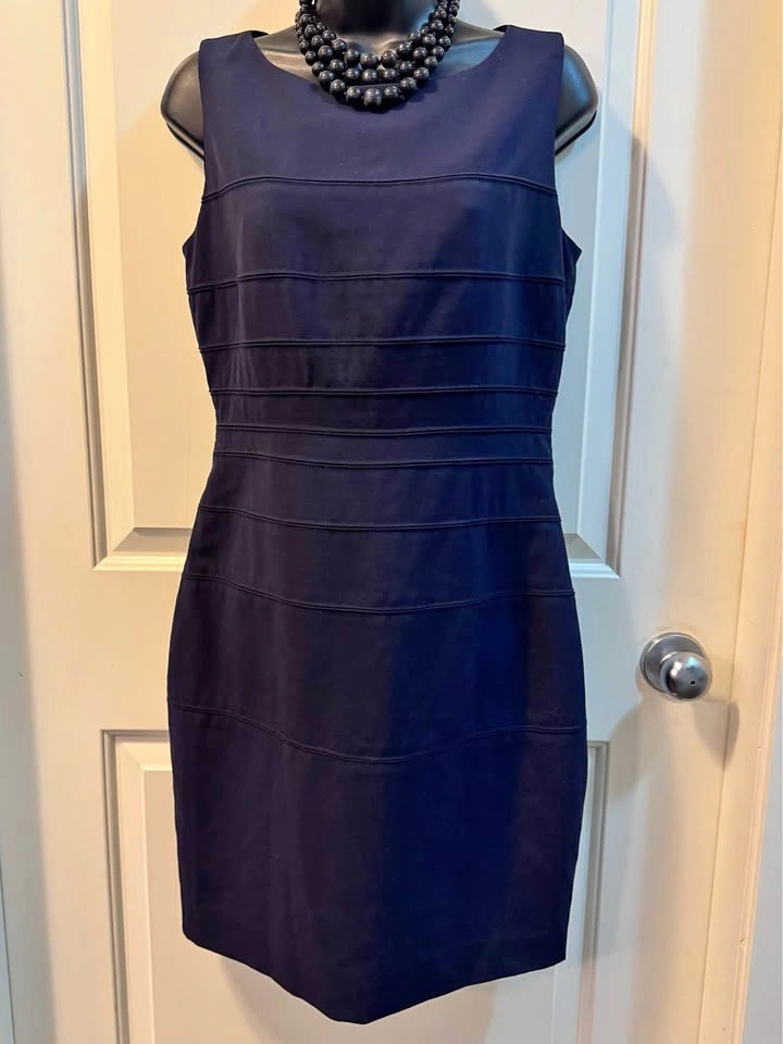Calvin Klein Navy Blue Ribbed Sheath Dress 10P Petite Work Busin