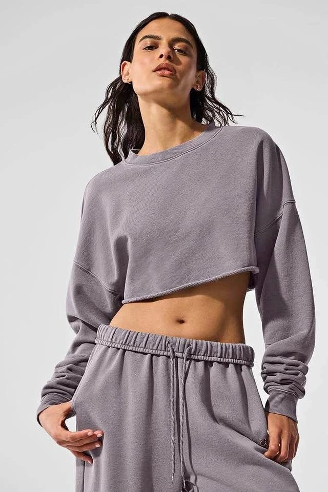 Alo Yoga Cropped Pullover Sweatshirt - Grey - Size XS