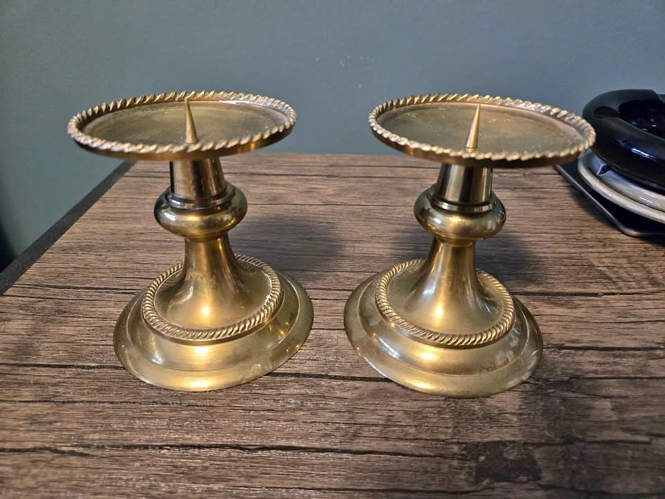 Vintage Brass Pillar Candle Holders Pair