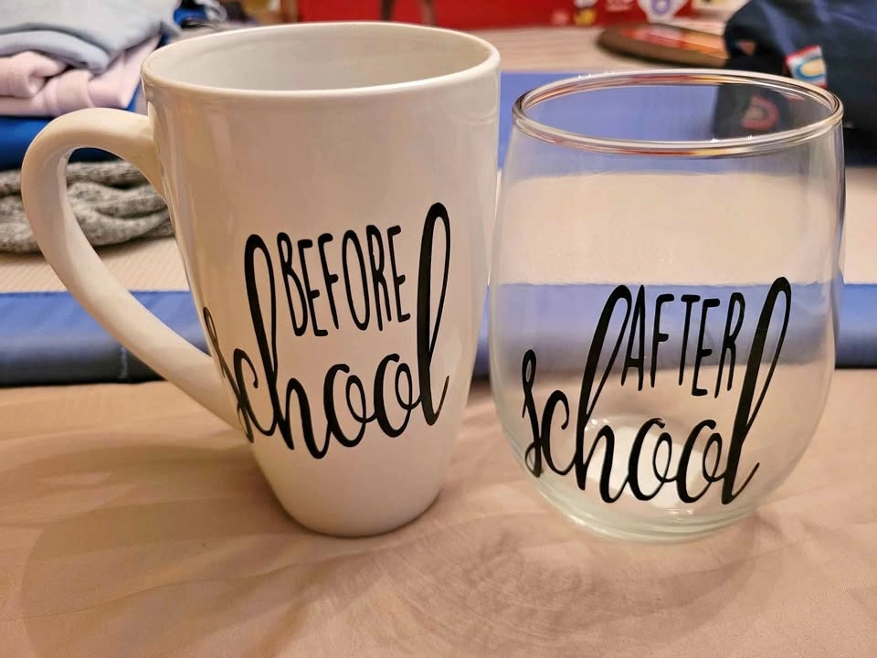 "Before School" Coffee Mug, "After School" Wine Glass