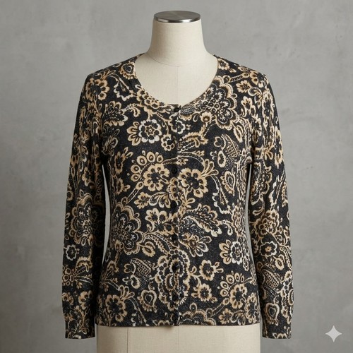 Talbots Petites XL Black Gold Floral Metallic Knit Cardigan