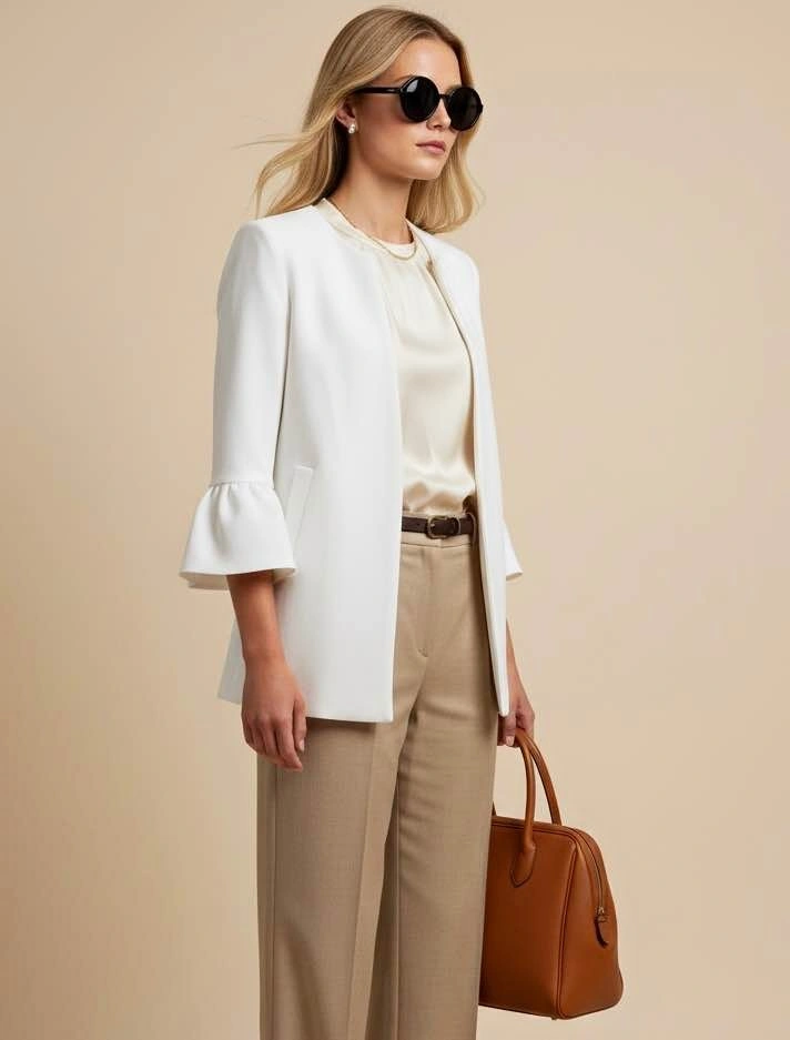 Zara Woman White Bell Sleeve Ruffle Open Front Blazer Size S