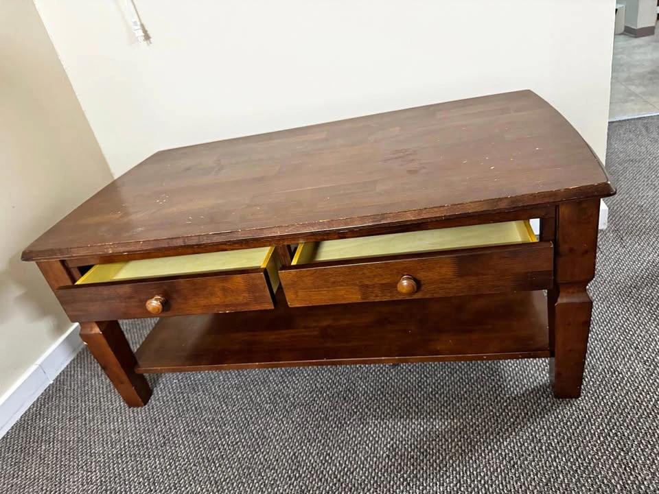 Dark Wood Coffee Table w/ Drawers & Shelf (NEED GONE ASAP)