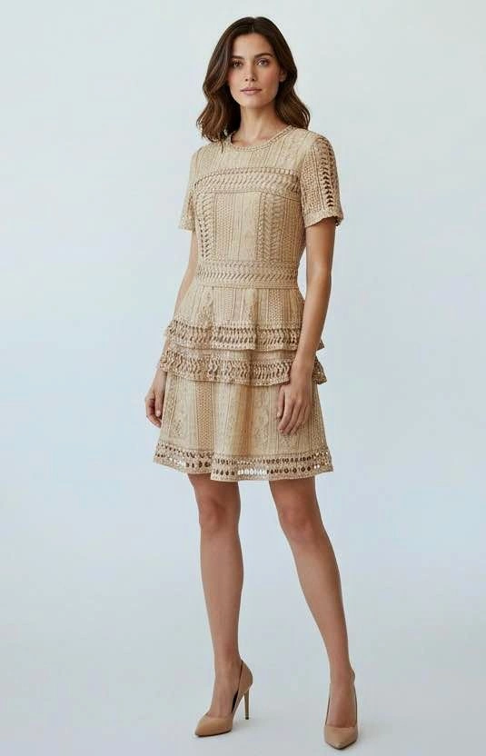 Blush Lace Tiered Ruffle Dress Short Sleeve Medium Cocktail Part