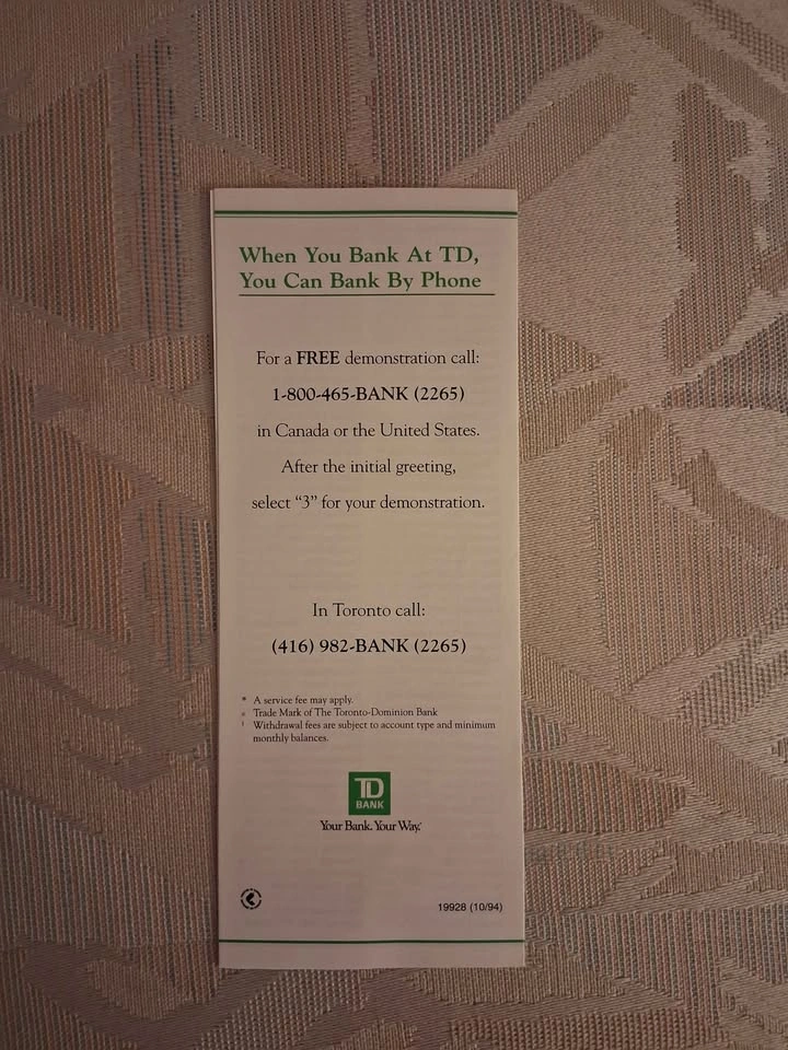 Vintage 1994 TD Bank "Bankline" Telephone Banking Brochure - photo 3