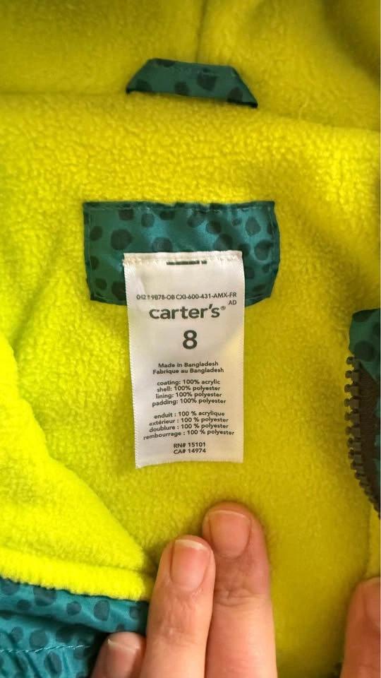 Carter's Green Dinosaur Hooded Rain Jacket Size 8 - photo 3