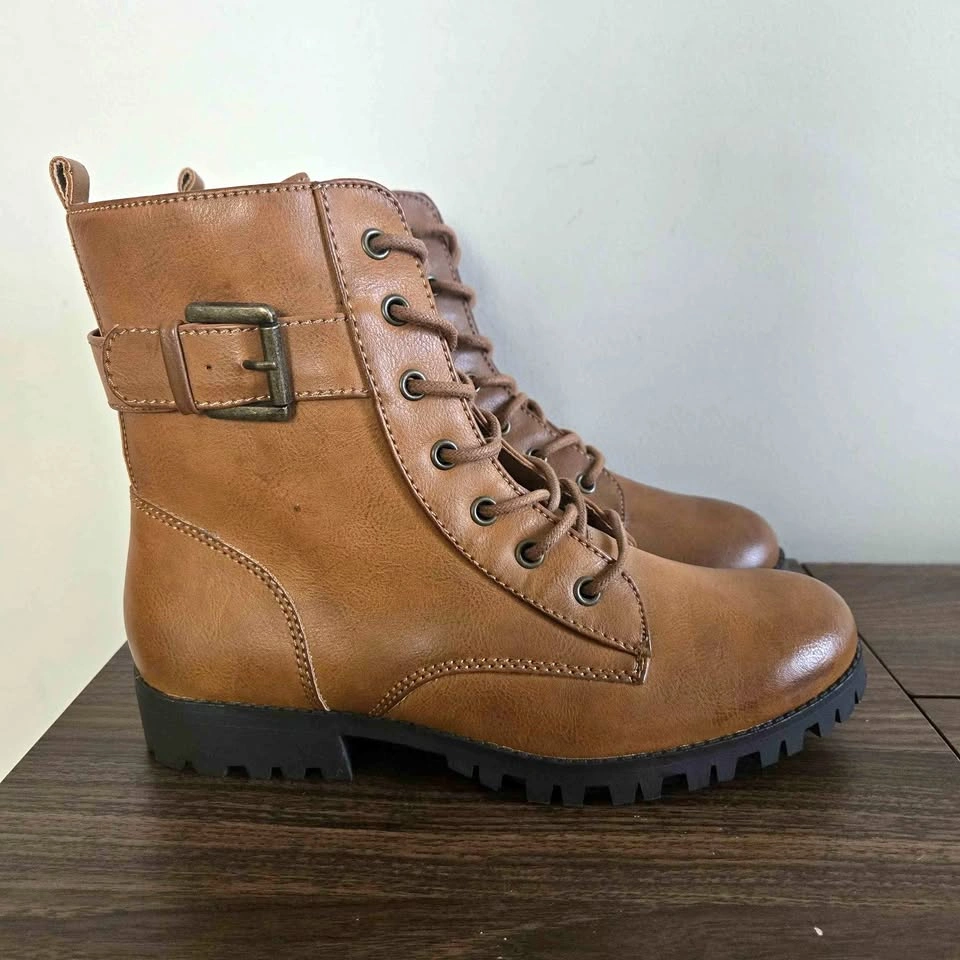 SO Broccoli Combat Boots Womens Size 9 Cognac Brown Zipper & Lac