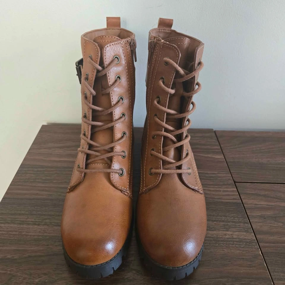 SO Broccoli Combat Boots Womens Size 9 Cognac Brown Zipper & Lac - photo 3