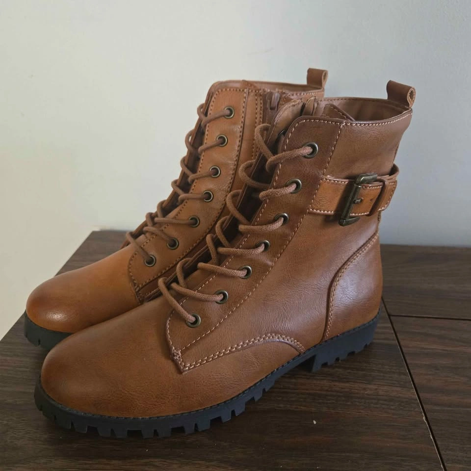 SO Broccoli Combat Boots Womens Size 9 Cognac Brown Zipper & Lac - photo 4