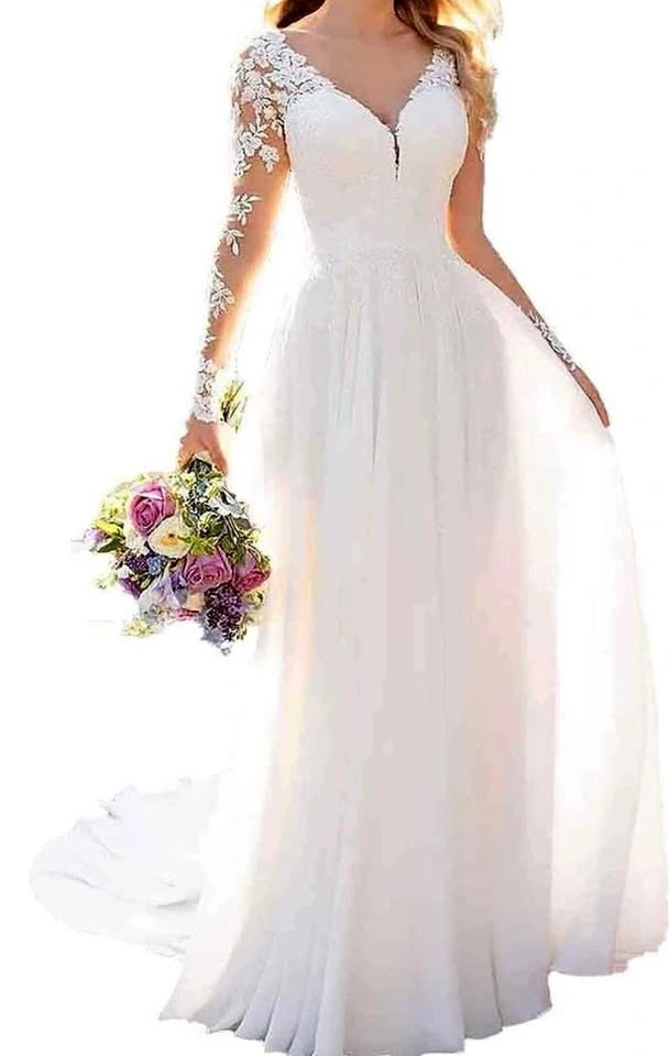 Women's V-Neck Ivory Lace Beach Wedding Dress