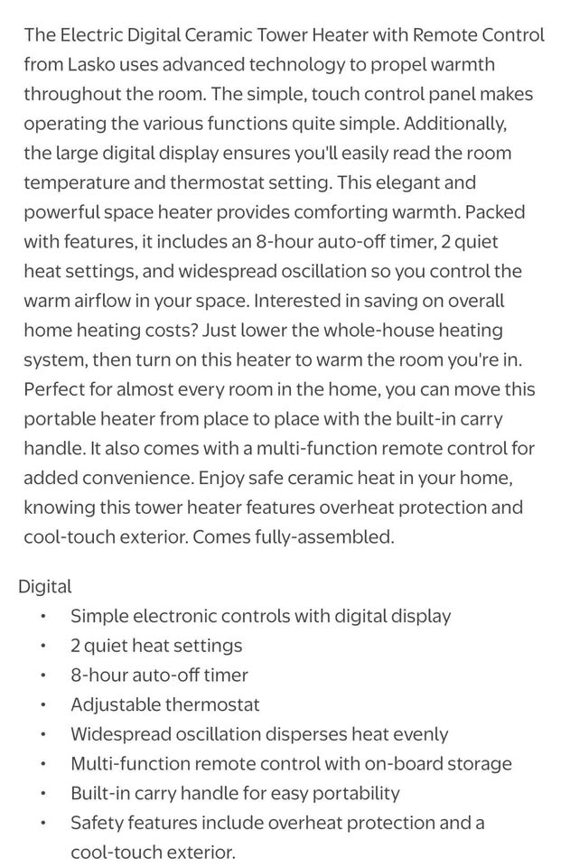 Lasko Oscillating Ceramic Tower Space Heater with Remote, CT2283 - photo 2