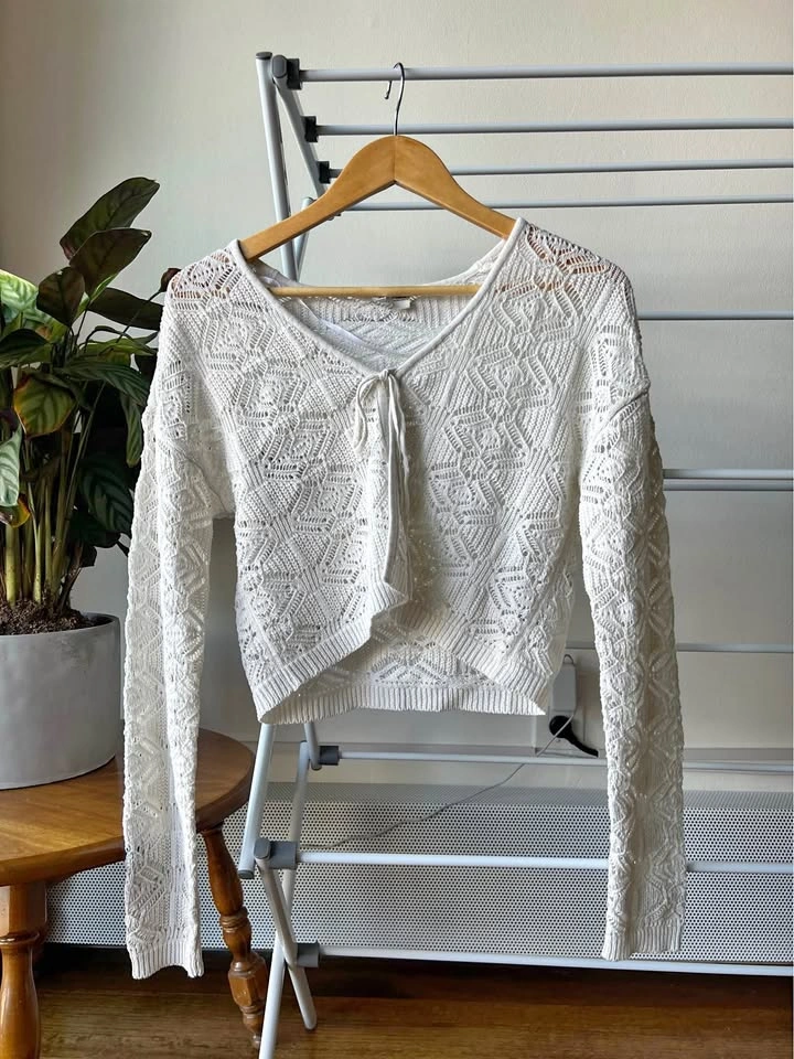 White Crochet Tie Cardigan