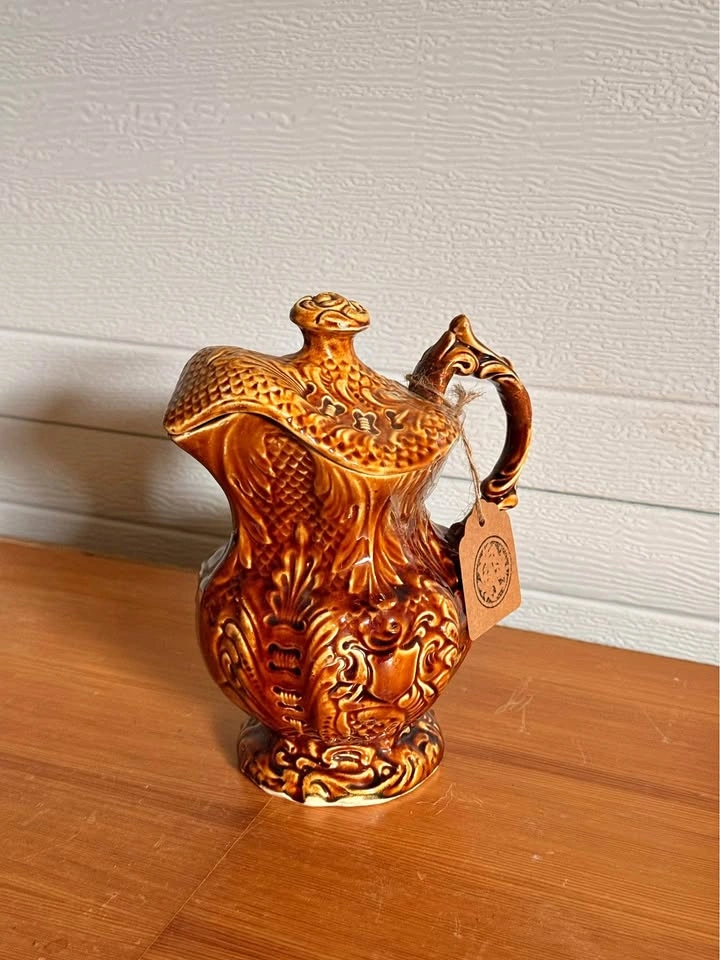 Brown Embossed Petite Ceramic Pitcher with Lid
