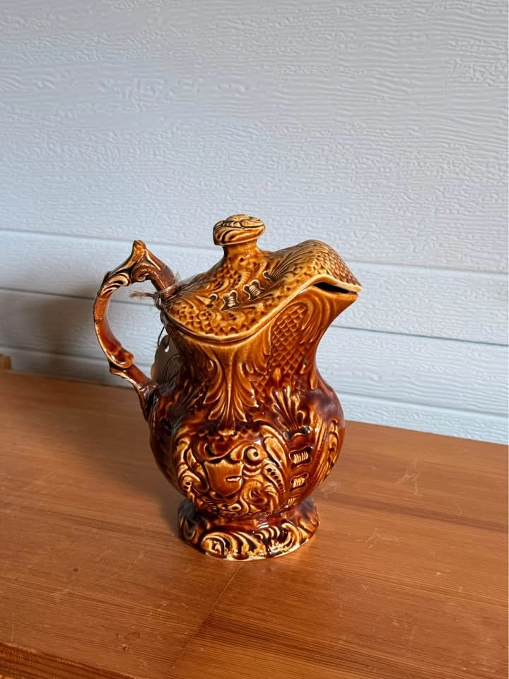 Brown Embossed Petite Ceramic Pitcher with Lid - photo 3